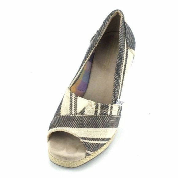 Toms Peep Toe Cork Wedges 6.5W Canvas Geometric Pattern Open Toe - Picture 6 of 11
